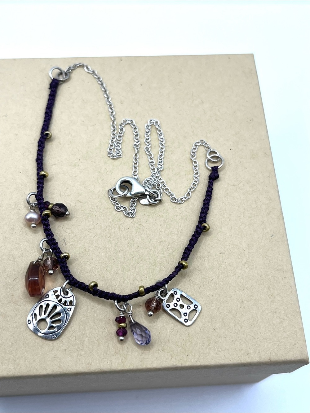 Silpada Purple Cord Multi-Charm Sterling Garnet Pearl Brass Glass Necklace 925